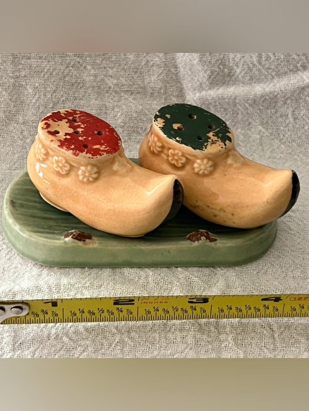 Antique Rare Japan Ceramic Dutch Clog Salt & Pepper Shakers with Tray Complete